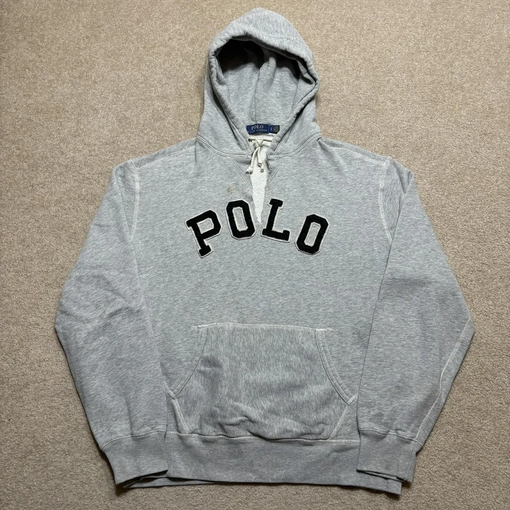 Polo Ralph Lauren Hoodie Sweatshirt Mens Large Gray POLO Logo Fleece Spellout